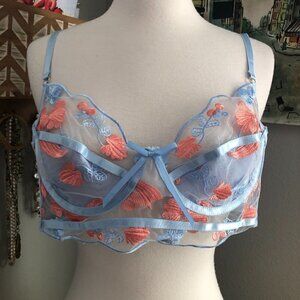 Embroidered Underwire Bralette Women's size 1X Semi Sheer Light Blue & Pink NEW